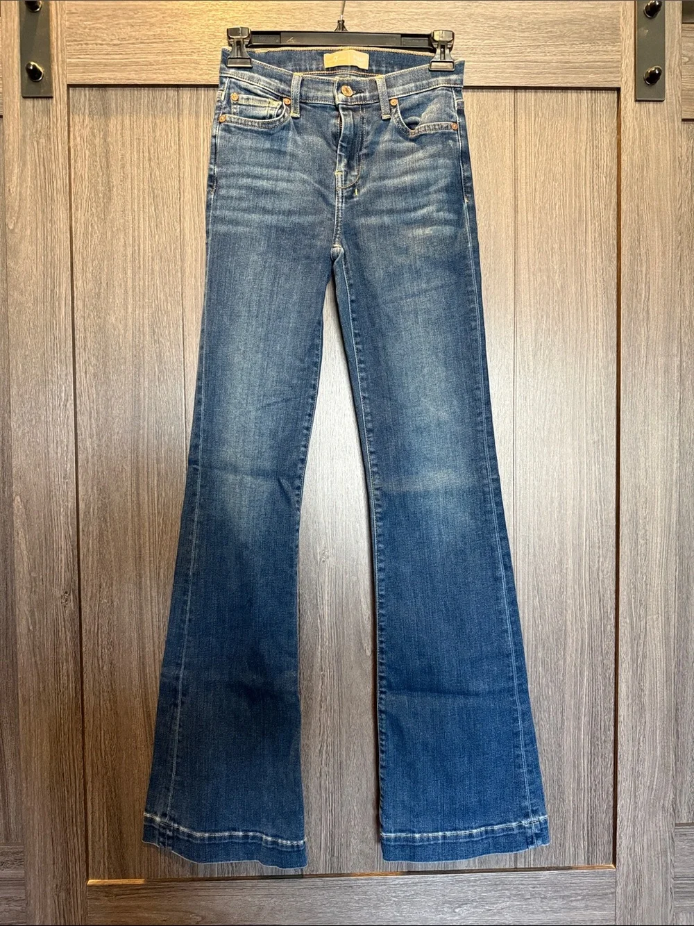 7 For All Mankind Medium Blue Flare Jeans with Embroidered Pockets - Picture 3 of 5